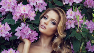 Картинка девушки -+лица +портреты девушка модель блондинка поза природа красотка взгляд волосы стройная цветы розы сиреневые куст макияж лицо портрет