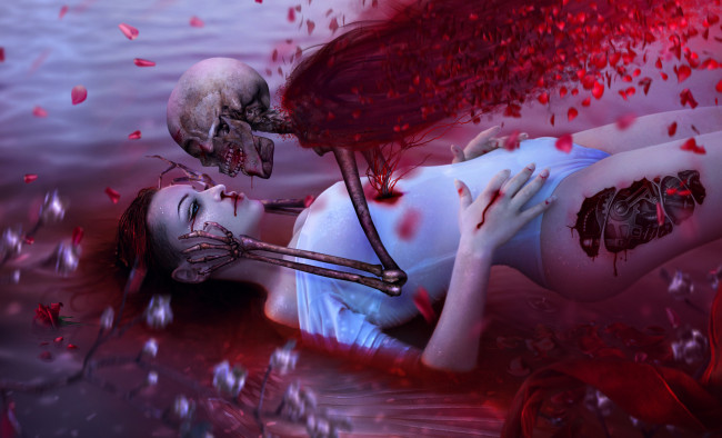 Обои картинки фото фэнтези, нежить, девушка, фон, скелет