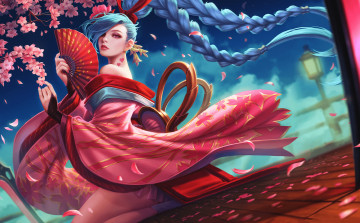 Картинка видео+игры league+of+legends девушка фон взгляд кимоно веер jinx