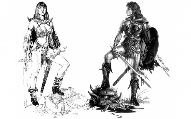 Обои картинки фото фэнтези, девушки, воительницы, сундук, дракон