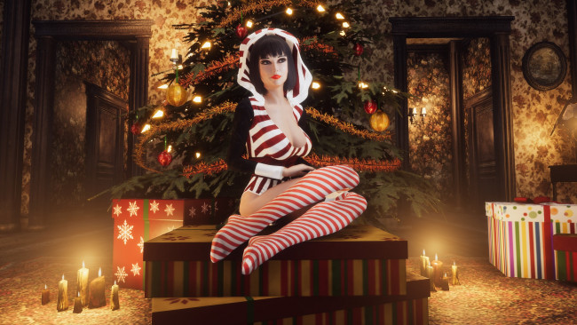 Обои картинки фото баба яга , модератор, 3д графика, люди , people, красивая, сексуальная, стройная, брюнетка, снегурочка, новогодний, костюм, ёлка, гирлянды, игрушки, мишура, подарки, свечи