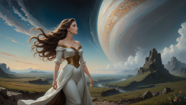 Обои картинки фото фэнтези, девушки, нейросети, графика, нейроарт, ai, art, нейронные, сети, рисунки, нейро, искусство, нейрографика, graphics, neuroart, neural, networks, drawings, neuro, neurography, планета, девушка, природа, красивый, вид, скалы