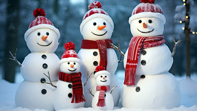 Обои картинки фото праздничные, снеговики, снег, зима, шарфики