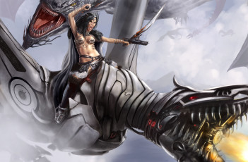 Картинка фэнтези красавицы чудовища дракон робот механизм воительница