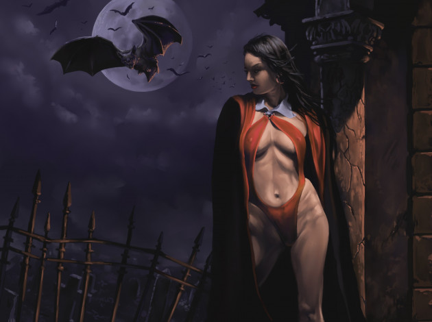 Обои картинки фото фэнтези, вампиры, вампирелла, vampirella, летучие, мыши, ночь, луна
