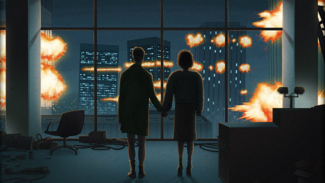 Обои картинки фото бойцовский, клуб, рисованные, люди, здания, кресло, офис, взрыв, марла, тайлер