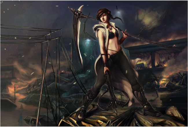 Обои картинки фото фэнтези, девушки, коса, арбалет