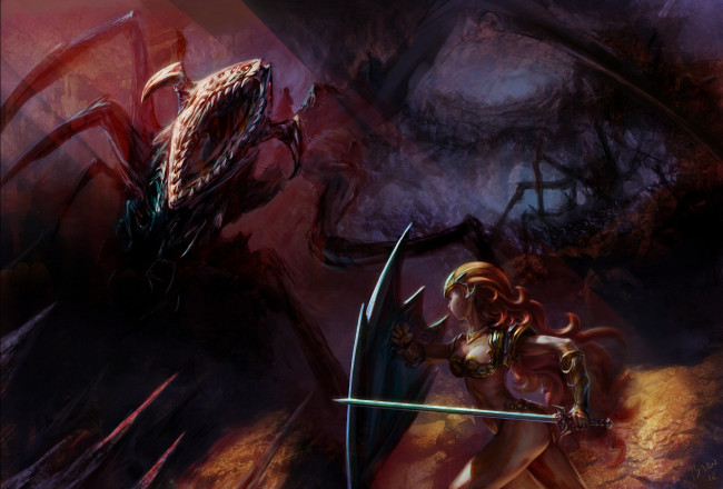 Обои картинки фото фэнтези, красавицы, чудовища, меч, монстр, чудовище, существо, амазонка, воительница, щит, девушка, сражение
