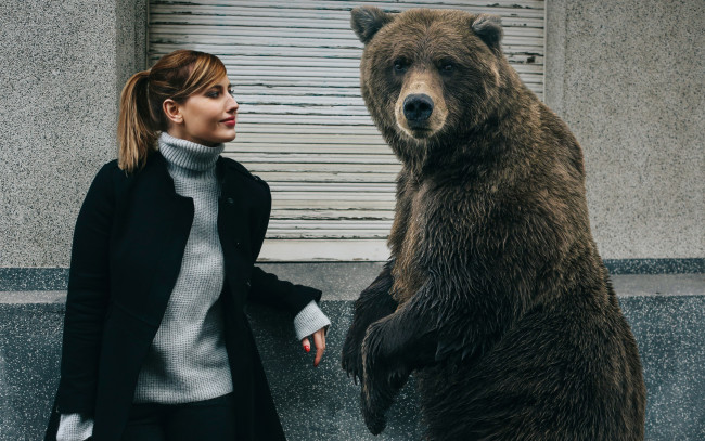 Обои картинки фото девушки, -unsort , брюнетки,  шатенки, медведь, знакомые, девушка, друзья