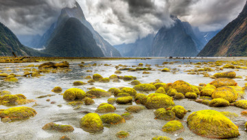 Картинка природа реки озера новая зеландия южный остров милфорд саунд национальный парк фьордленд фьорд камни слизь горы облака
