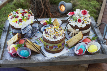 Картинка праздничные пасха куличи крашенки декор крем