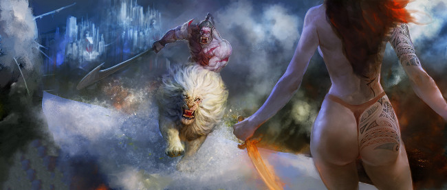 Обои картинки фото видео игры, world of warcraft, кинжал, тату, сабля, лев, орк, фон, девушка