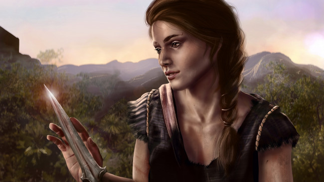 Обои картинки фото видео игры, assassin’s creed ,  odyssey, девушка, фон, кинжал