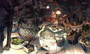 Картинка аниме животные +существа девочки бассейны собаки