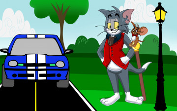 обоя мультфильмы, tom and jerry, машина, дорога, том, джерри, фонарь
