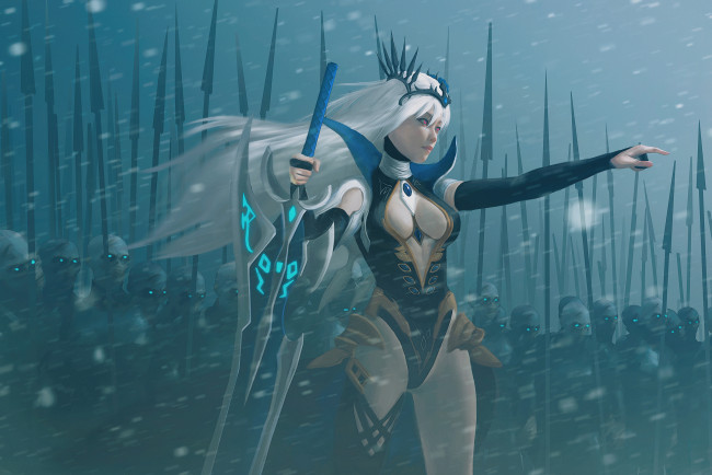 Обои картинки фото фэнтези, красавицы и чудовища, девушка, фон, униформа, меч, войско