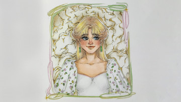 Картинка рисованное люди девушка в платье зеленые сережки