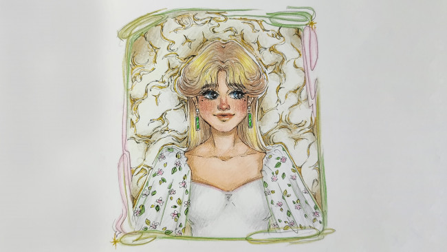 Обои картинки фото рисованное, люди, девушка, в, платье, зеленые, сережки