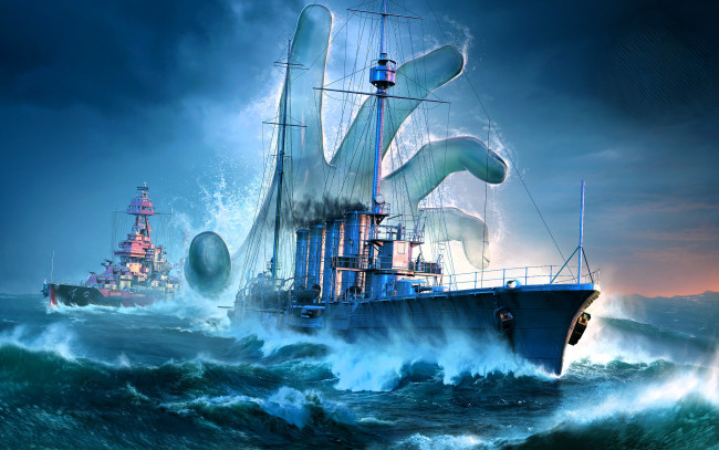 Обои картинки фото видео игры, world of warships, корабли, море, рука