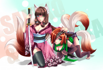 Картинка аниме animals змея катана традиционная одежда ушки хвост девушки