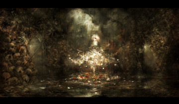 Картинка аниме weapon blood technology улыбка девушка черепа цепи цветы листья