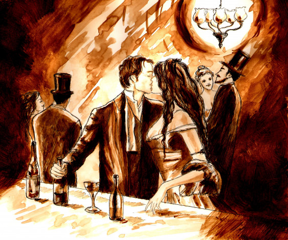 Обои картинки фото милый, друг, рисованные, люди, вода, лес, скалы, мопассан