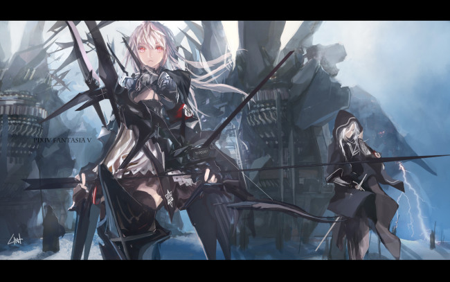 Обои картинки фото аниме, pixiv, fantasia, трава, облака, вода, v