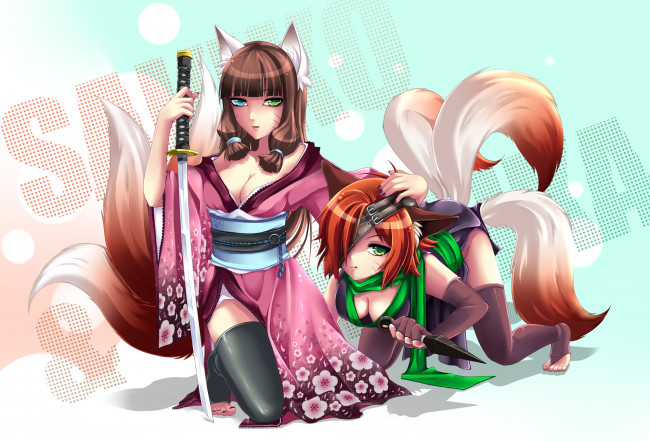 Обои картинки фото аниме, animals, змея, катана, традиционная, одежда, ушки, хвост, девушки