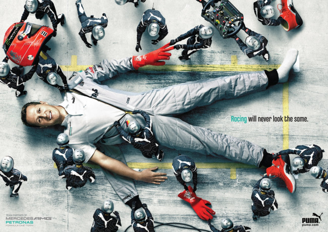 Обои картинки фото бренды, puma, михаэль, шумахер, комбинезон, кроссовки