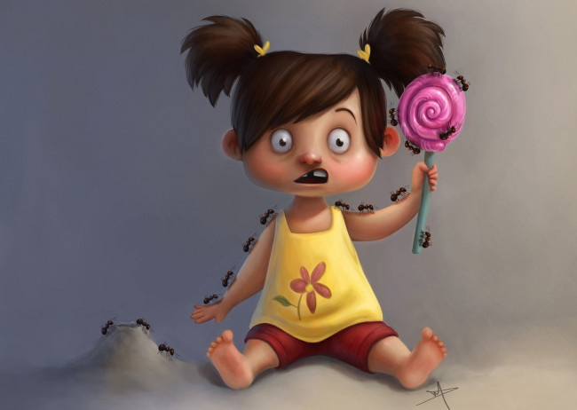 Обои картинки фото рисованные, дети, девочка, конфета, леденец, ребёнок, ситуация, муравьи, насекомые, ужас
