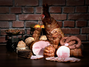 Картинка еда колбасные+изделия буженина колбаса хлеб орехи