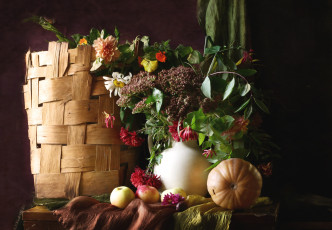 Картинка еда натюрморт тыква яблоки цветы