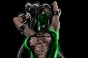 Картинка видео+игры mortal+kombat черный фон поза руки взгляд зеленый костюм персонаж арт jade