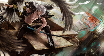 Картинка аниме -weapon +blood+&+technology взгляд меч город птица орел парень серые волосы