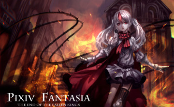 Картинка аниме pixiv+fantasia красные глаза огонь здание девушка