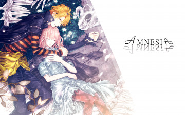 Картинка аниме amnesia art imoko девушка heroine парень toma взгляд улыбка объятья лежат амнезия