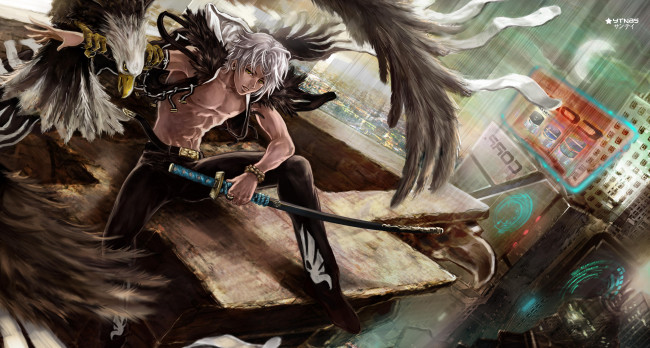 Обои картинки фото аниме, -weapon,  blood & technology, взгляд, меч, город, птица, орел, парень, серые, волосы