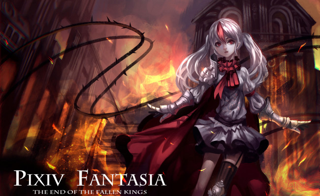 Обои картинки фото аниме, pixiv fantasia, красные, глаза, огонь, здание, девушка