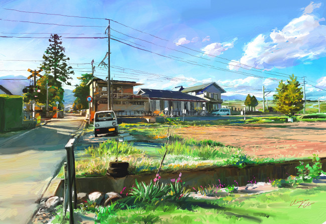 Обои картинки фото рисованные, живопись, Япония, пейзаж, день