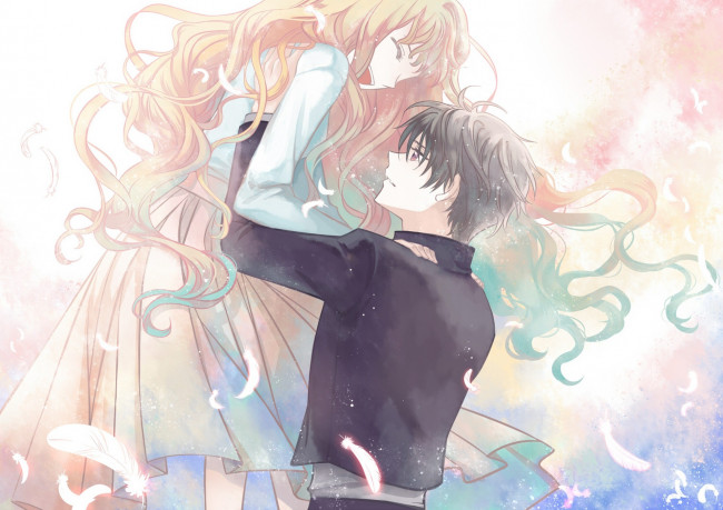 Обои картинки фото аниме, uga, перья, monou, kotori, kamui, shirou, clamp, радость, парень, арт, девушка