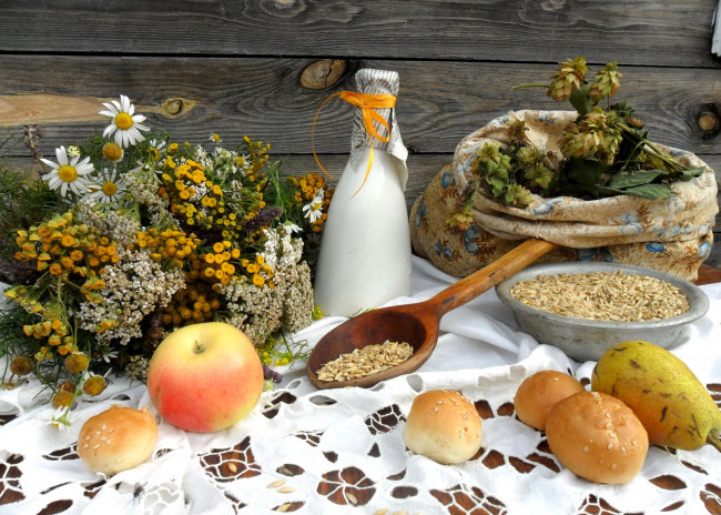 Обои картинки фото еда, натюрморт, молоко, яблоки, деревня