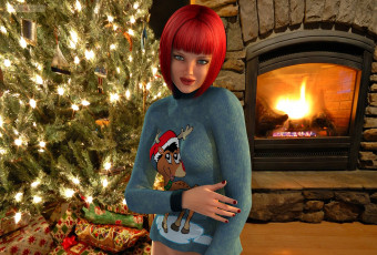 Картинка 3д+графика праздники+ holidays взгляд фон девушка камин елка