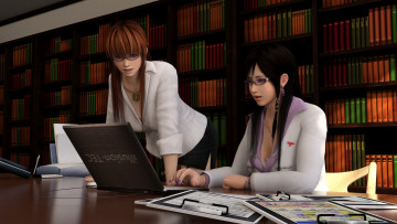 Картинка 3д+графика аниме+ anime очки ноутбук стол книги фон взгляд девушки