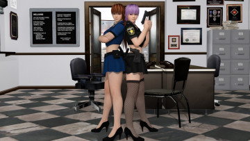 Картинка 3д+графика аниме+ anime оружие девушки взгляд фон полиция