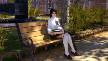 Картинка 3д+графика аниме+ anime скамейка фон взгляд девушка