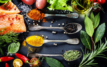 Картинка еда крупы +зерно +специи +семечки розмарин перец специи tomato spice pepper fish рыба помидор