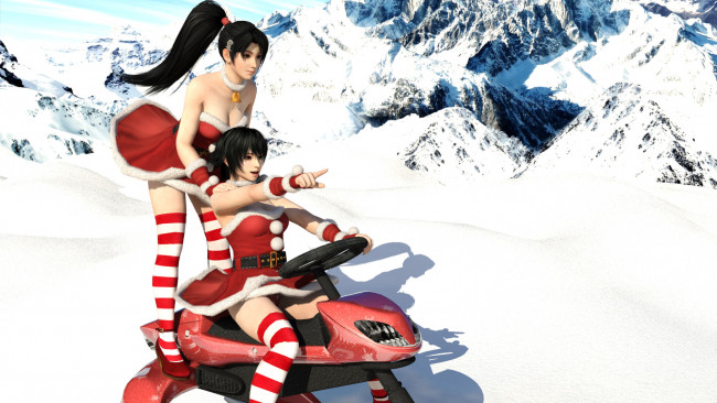 Обои картинки фото 3д графика, аниме , anime, снег, зима, фон, взгляд, девушки, горы, санки