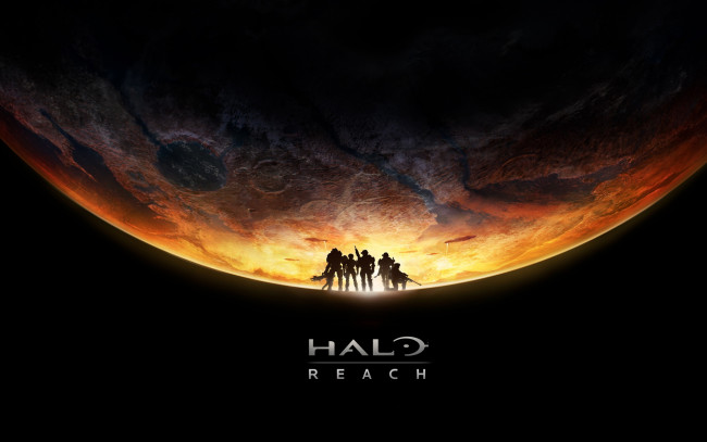 Обои картинки фото видео игры, halo,  reach, оружие, люди, свечение, планета