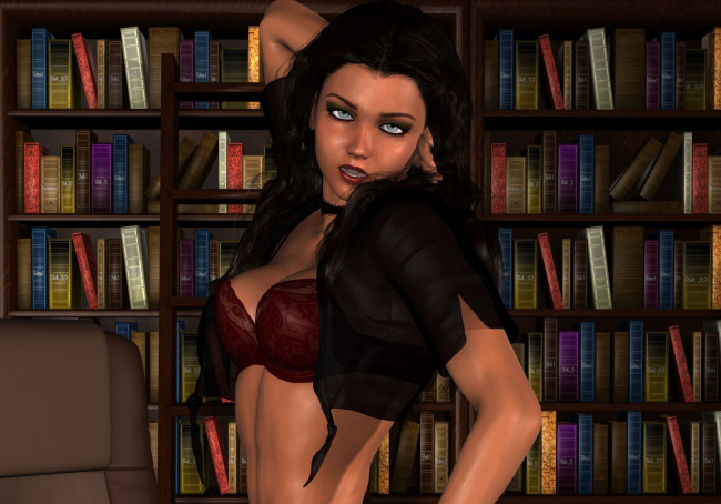 Обои картинки фото 3д графика, люди , people, книги, фон, взгляд, девушка