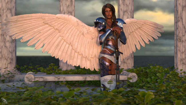 Обои картинки фото 3д графика, ангел , angel, ангел, оружие, фон, взгляд, девушка